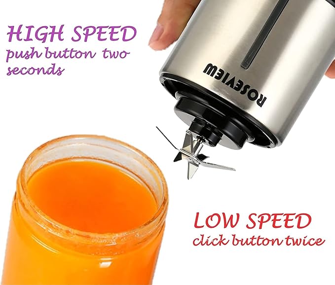 Portable Smoothie Blender ROSEVIEW Glass Cordless Mini Shakes Cup blend for smoothies USB rechargeable juicer 2 battery Handheld Personal travel Jet mixer (Metallic)
