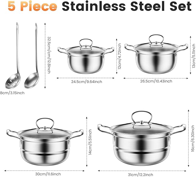 Stainless Steel Cookware Set 12 Piece Pots Set with Steamer and Spoon Kitchen Induction Cookware Set Works with Induction Kitchen Cooking Set with Glassuncoated (Gray silver)