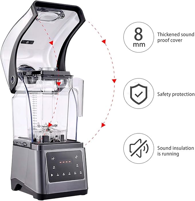 Commercial Blender Smoothie Maker 1.6L Blender with Soundproof Shield With Timing Function Adjustable Speed and Time for Crushing Ice Smoothie Puree Bar Coffee Shop