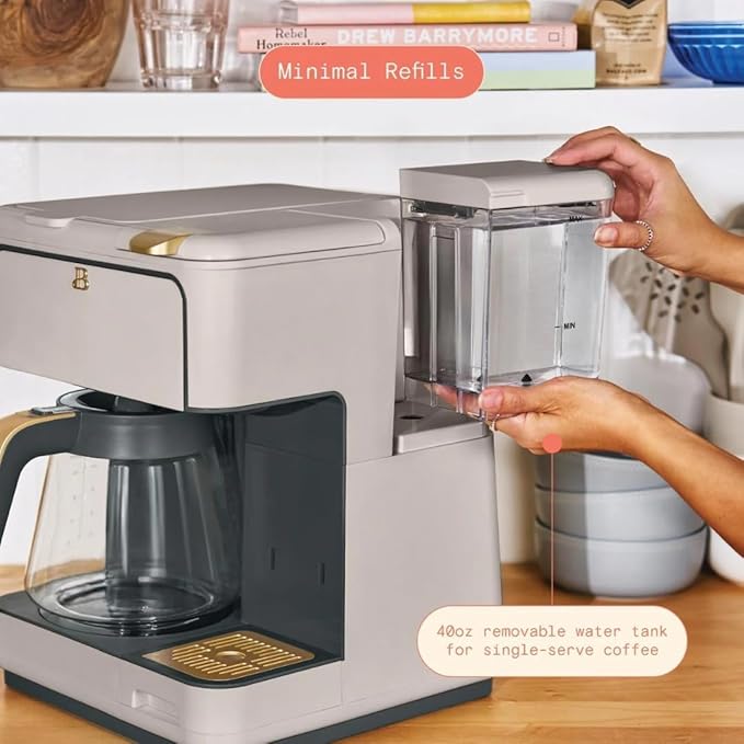 Beautiful Multi-Brew Commercial-Grade 12-Cup &amp Single-Serve Coffee Maker with Over Ice Option for Business and Personal Use by Drew Barrymore (Porcini Taupe)