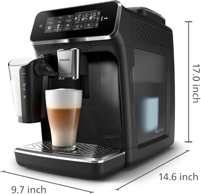 Philips 3300 Series Fully Automatic Espresso Machine with LatteGo Milk System and integrated grinder 6 Hot &amp Iced Coffee Pre-Sets 40% Quieter SilentBrew 15-Bar Pressure Glossy Black (EP3341/50