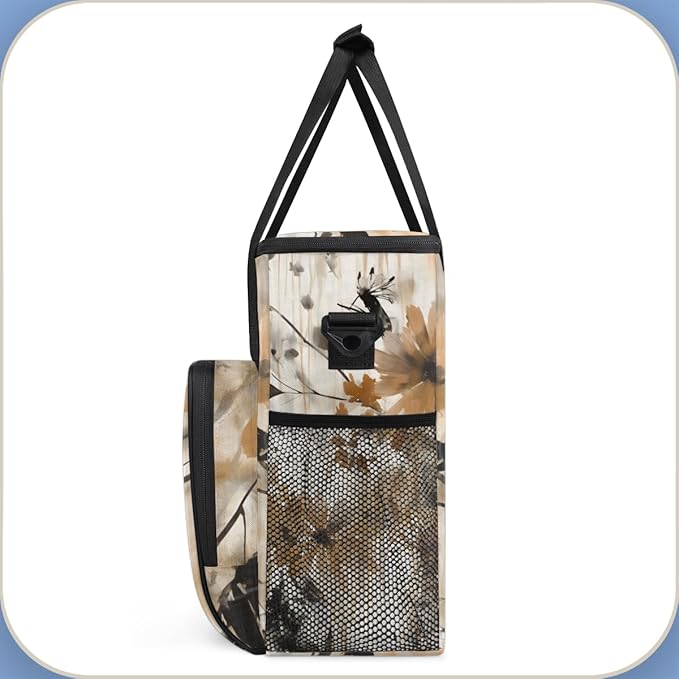 Retro Brown Flowers Coffee Maker Carrying Bag Portable Travel Storage Tote Bag Compatible with K-Mini or K-Mini Plus Single Serve Coffee Brewer Carrying Case with Multiple Pockets &amp Shoulder Str