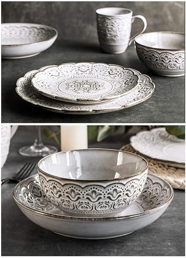 Dinnerware Sets - Luxury Gift Dishes Service Set 24 Pieces Retro Style Porcelain Dinnerware Set | Relief Cereals Bowl &amp Mug &amp Plate for Wedding Gifts and Family Gathering