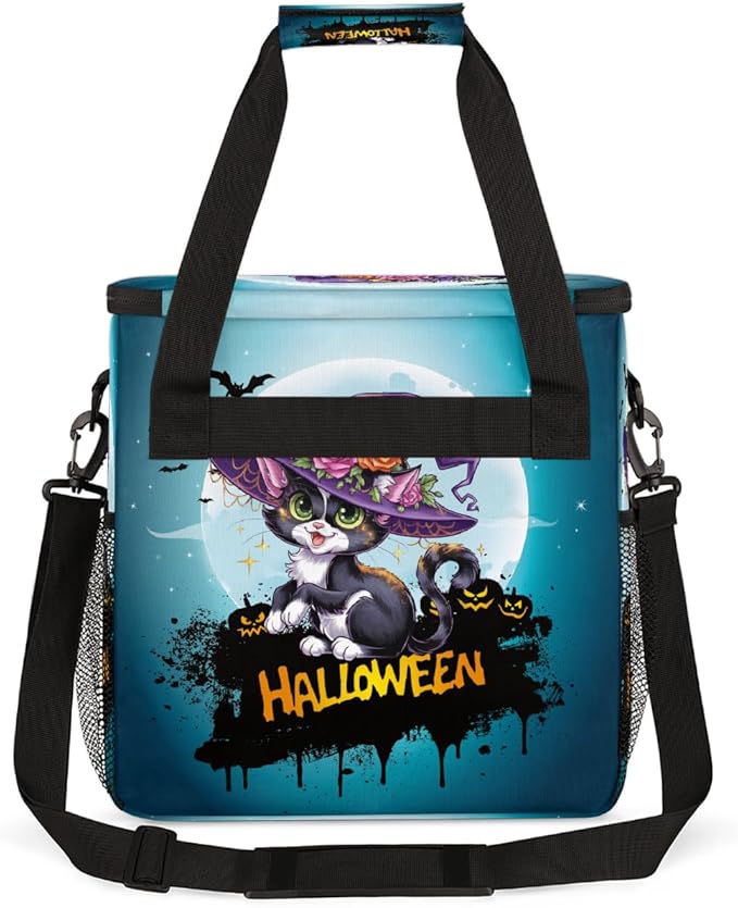 Halloween Flower Cat Moon Coffee Maker Carring Bag Travel Carrying Storage Tote Bag Compatible with Keurig K-Mini or K-Mini Plus Portable Single Serve Coffee Brewer Case with Pockets for K-cup Pods
