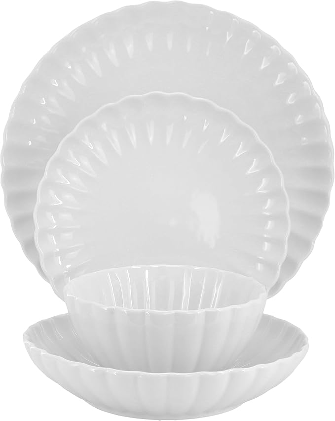 Elama Jane 16 Piece Scalloped Double Bowl Porcelain White Dinnerware Set Serveware Tableware Bowls Plate Set (Jane)
