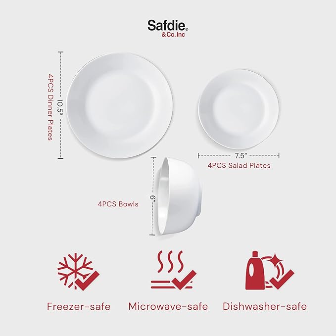 Safdie &amp Co. 12-Piece Modern Porcelain Ceramic Rim Aspen Dinner Set Stackable Lightweight Design for Everyday Use in White Sketch