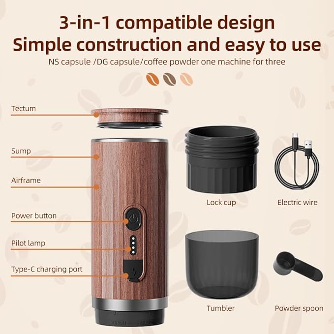 ZJchao Portable Electric Coffee Machine Cordless Heating 3oz Single Serve Mini Coffee Maker with 3 in 1 Powder N Capsule DG Capsule Bin 92 20Bar Pump Pressure 7500mAh Battery for (Black)