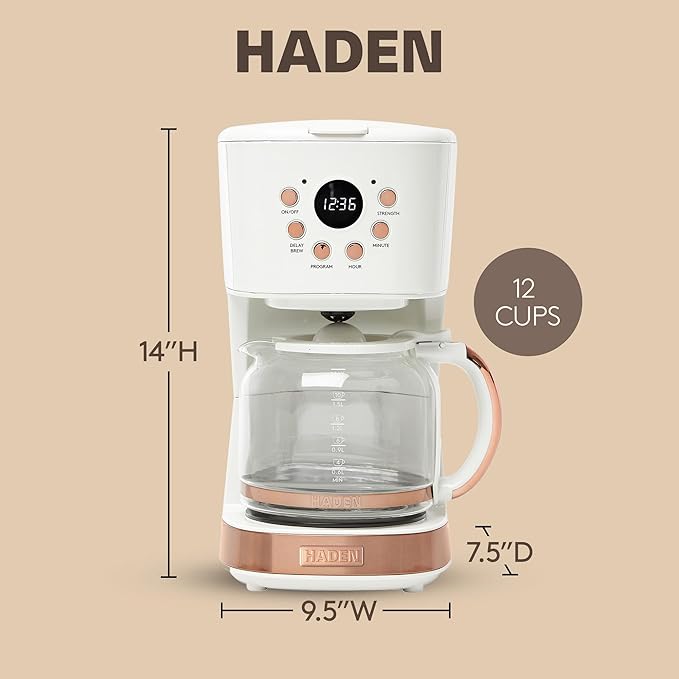 HADEN Coffee Machine 12 Cup Programmable Drip Coffee Maker with Auto Shut-Off Function and Reusable Washable Water Filter Ivory &amp Copper