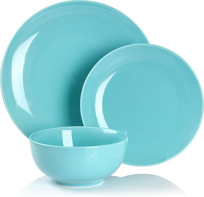 18 Piece Porcelain Dinnerware Set – Service for 6 Microwave &amp Dishwasher Safe Plates and Bowls – Elegant Multicolor Tableware in White Dark Blue Mint Green and Blue (Blue)