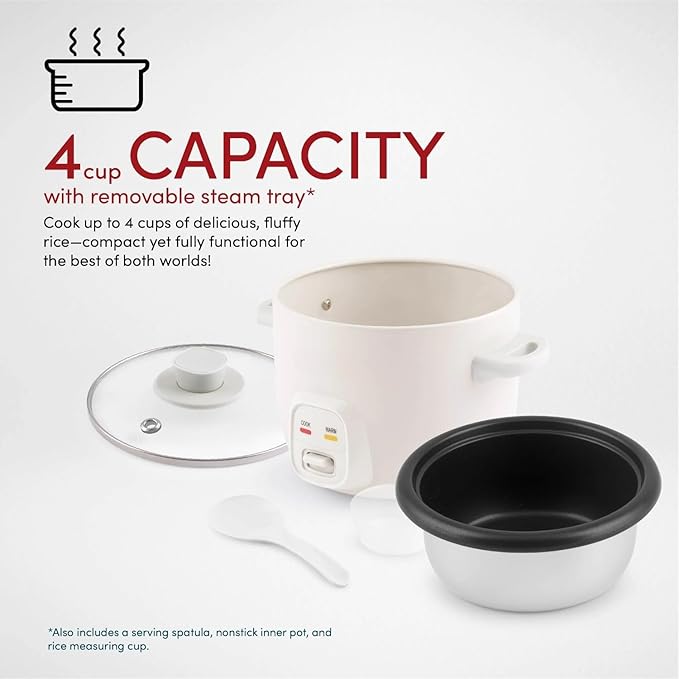 4-Quart Electric Rice and Grain Cooker White 4-Cup Cooked Capacity