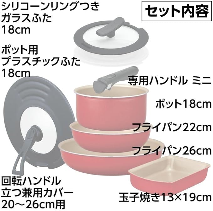 Evercook Frying Pan Set 8-Piece Set Induction Compatible Gas Fire Compatible Removable Red Doshisha