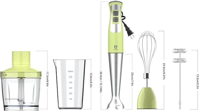 Immersion Hand Blender UTALENT 5-in-1 8-Speed Stick Blender with 500ml Food Grinder BPA-Free 600ml ContainerMilk FrotherEgg WhiskPuree Infant Food Smoothies Sauces and Soups - Green