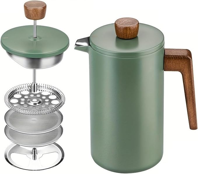 1000ML Green French Coffee Maker Stainless Steel Metal Press With Wooden Handle