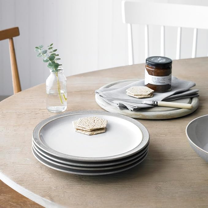 Denby - Elements 8 Piece Dinner Set For 2 - Light Grey Dishwasher Microwave Safe Oven Proof Plate &amp Bowl Set - 4 x Lunch Plates Dinner Plates Cereal Bowls &amp Coffee Mugs - Chip Resistant T