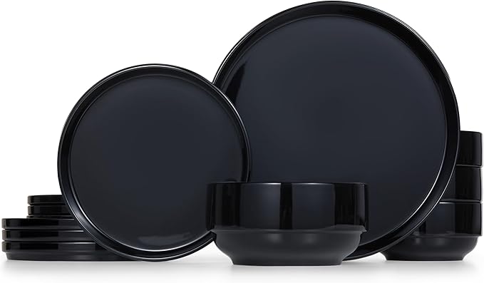 Ceramic Dinnerware Set 12-Piece Service for 4 Soup Bowls (31.5 oz) Salad Plates (7.5) Dinner Plates (10.5) Round Microwave and Dishwasher Safe Black Cambridge Classics