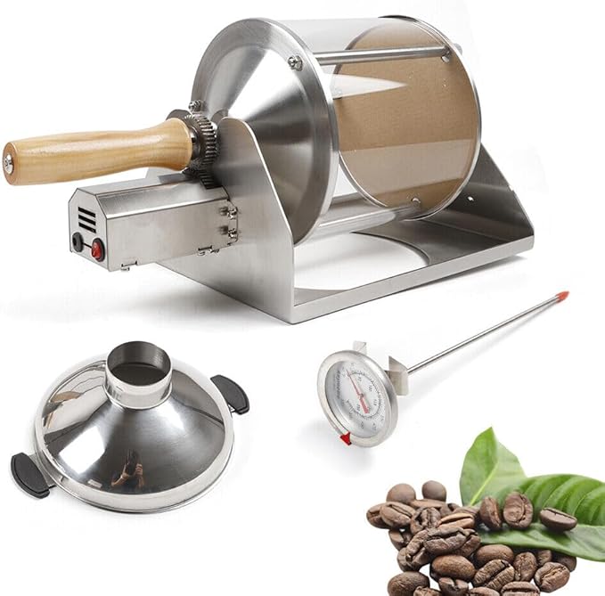 Coffee Bean Roaster110V Gas Stove Coffee Beans Roasting Machine with Funnel &amp Wooden HandleHousehold Coffee Bean Roaster with Metallic ThermometerCoffee Bean Roaster for HomeCoffee Shops