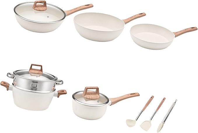 10 Piece Nonstick Cookware Set Frying Pan Saucepan Saute Pan Steam Rack Sturdy Scratch Resistant Coating Even Heat Distribution Modern Design for Home Cooks (White)