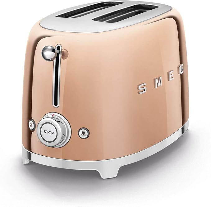 Smeg TSF01RGUS 50's Retro Style Toaster Bundle with Bamboo Tongs - (Rose Gold) 2 Slice