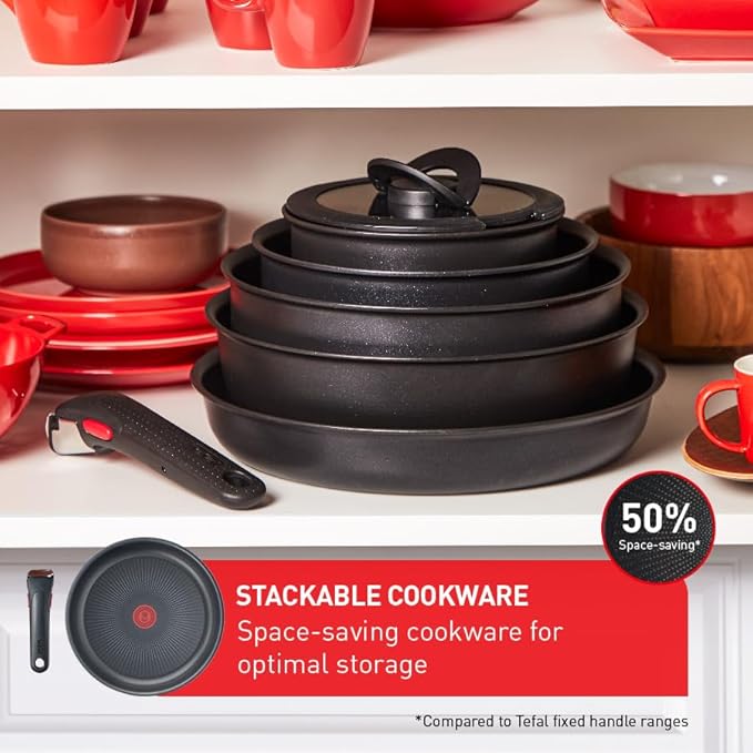 Tefal Ingenio Easy On 13 Piece Pots &amp Pans Set Stackable Easy Cleaning Non-Stick Coating Heat Indicator Removable Handle All Hobs Compatible Except Induction L1599243