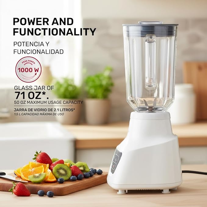 Taurus Potenza Comfort Blender 1050W 1.5L Glass Jar Up to 50% Less Noise Stainless Steel Blades 9 Speed Settings Quiet Powerful Blender for Smoothies Ice and Frozen Drinks