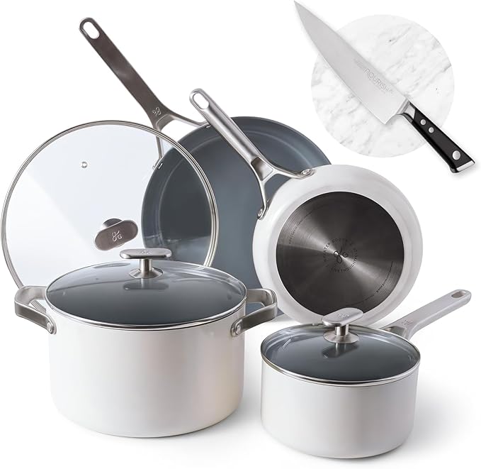 Greater Goods Savvy Ceramic Nonstick Cookware Set (10pc) and Chef Knife (Stainless Steel) Birch White Bundle
