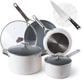 Greater Goods Savvy Ceramic Nonstick Cookware Set (10pc) and Chef Knife (Stainless Steel) Birch White Bundle