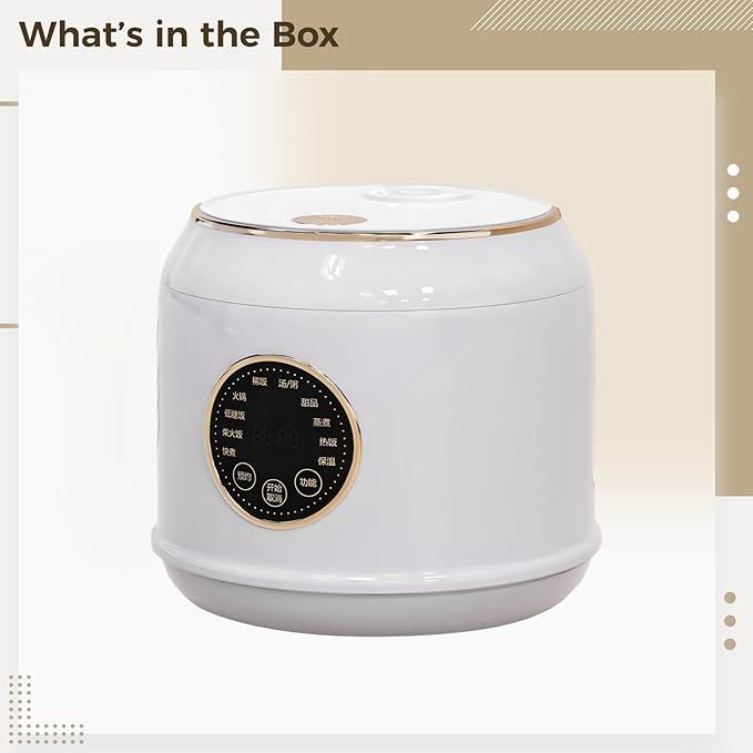 2 L Mini Rice Cooker 400W for 2-3 People Touch Panel Stainless Steel Inner Pot Auto Shut-Off White