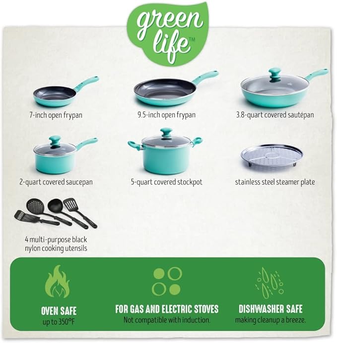 Diamond Ceramic Non-stick 13Pc Cookware Set Turquoise