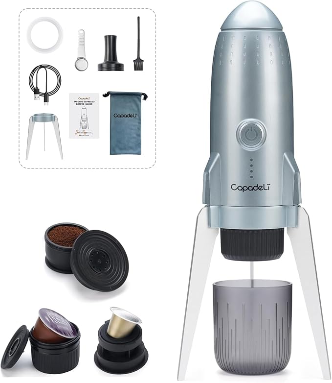 Portable Electric Espresso Machine 3-in-1 Self-Heating Coffee Maker for Travel &amp Camping 19 Bar Pressure Compatible with Ground Coffee &amp NE-SPRESSO/Do-lce Guto Pods Space Grey