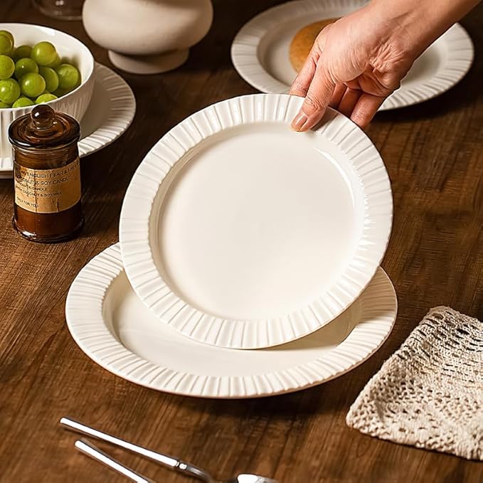 12-Piece White Ceramic Dinnerware Set - Rhine Series Service for 4 Includes Bowls Flat &amp Deep Plates Microwave &amp Dishwasher Safe
