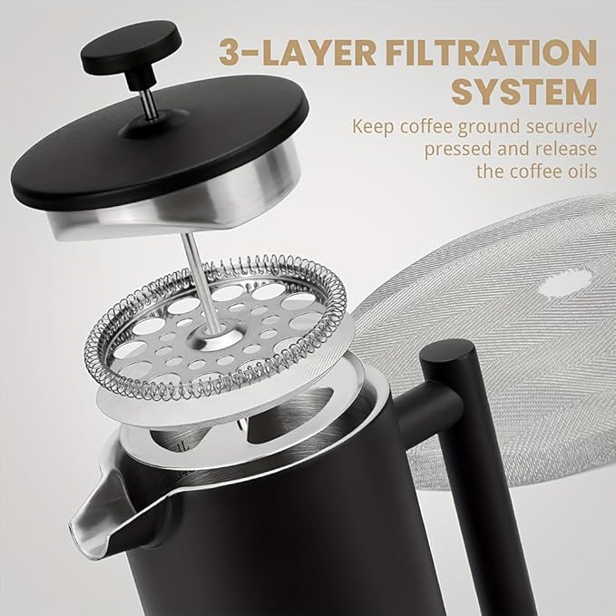 Stainless Steel French Press Coffee Maker 1000ml Double Wall Insulation Coffee Press Easy Press Cafe Brewed Coffeeware with 3 Fil ters Double Walled Large Coffee Press for Bar Cafe Home