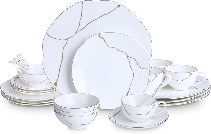 24 Piece White Porcelain Dinnerware set for 4Plates and Bowls Sets With Gold Rim and gold accentsHighly Chip and Crack Resistant | Dishwasher Safe Dishes Set