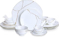 24 Piece White Porcelain Dinnerware set for 4Plates and Bowls Sets With Gold Rim and gold accentsHighly Chip and Crack Resistant | Dishwasher Safe Dishes Set