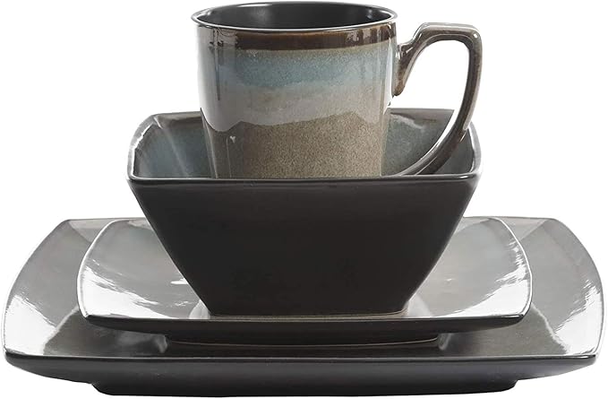 Gibson 101859.16RM Elite Tequesta 16 Piece Square Glazed Durable Dinnerware Set with Plates Bowls &amp Mugs Microwave/Dishwasher Ready Taupe (3 Pack)