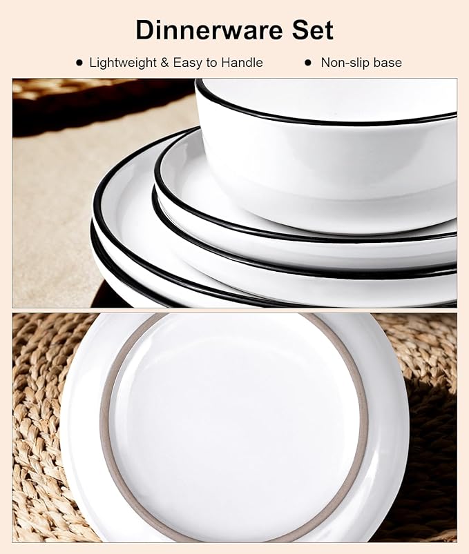 12 Pieces Ceramic Dinnerware setPlates and Bowls Sets for 4White Dinnerware Set for Kitchen Modern Design Plate Sets with Black Rim Microwave and Dishwasher Safe