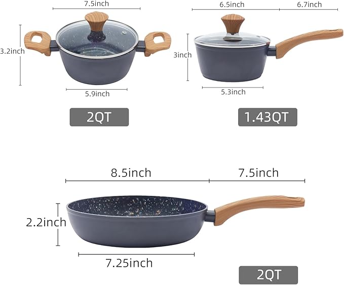 3-Piece Nonstick Cookware Set 8.5 Inch Frying Pan &amp 2 Pots with Lids | PFAS &amp PFOA Free Non-Toxic Coating | Induction Compatible Dishwasher Safe | Pots and Pans Set for Beginner Kitchen