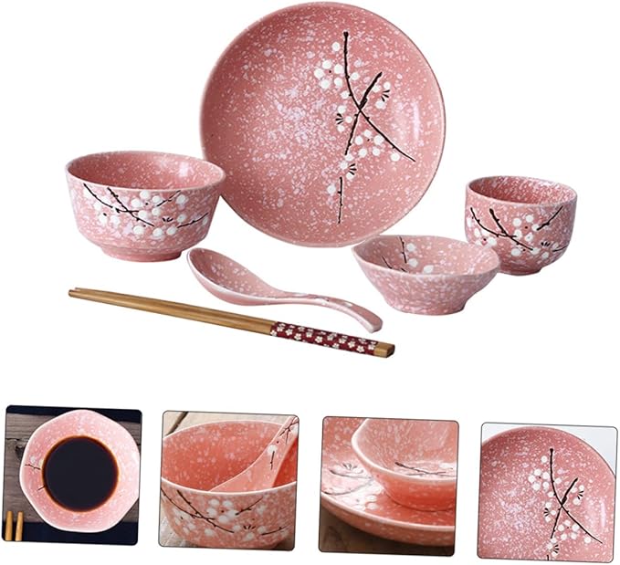 Happyyami 12-Piece Japanese Ceramic Dinnerware Set Home Tableware Creative Cutlery Kit Pink Dishwasher Safe for Single Users for Everyday Use