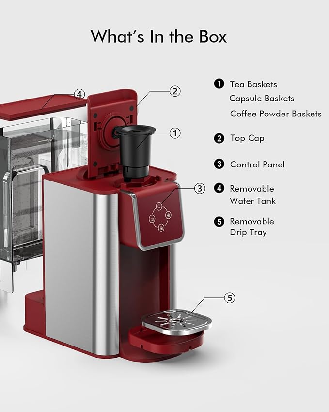 SIFENE KC101 3-in-1 Single Serve Coffee Maker Compact &amp Portable Compatible with K-Cup Pods Only Ground Coffee &amp Tea Fast Brew in 60 Seconds 50oz Removable Reservoir Easy to Clean Red