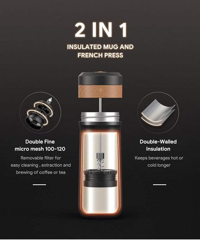 Portable French Press Coffee Maker Travel French Coffee Maker Stainless Steel Coffee Mug 12 oz Double Mesh Filter Great for Camping and Traveling