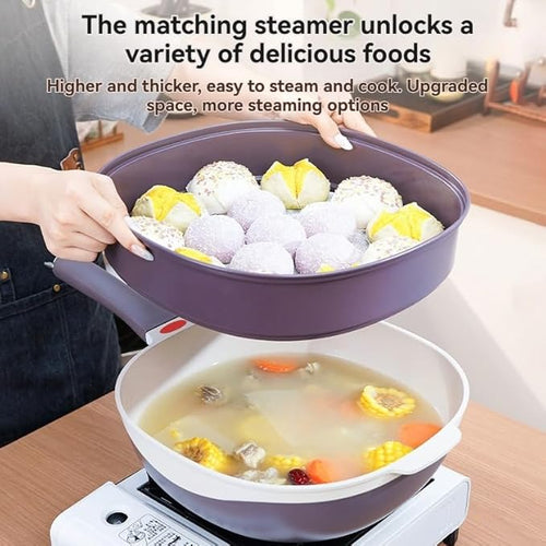 12 Inch Titanium Alloy Non Stick Pot with Lid with Steamer Ergonomic Stay-Cool Handle Nonstick Frying Pan Cookware Set for Frying Stewing Induction &amp Gas (Red)