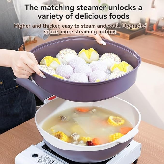 12 Inch Titanium Alloy Non Stick Pot with Lid with Steamer Ergonomic Stay-Cool Handle Nonstick Frying Pan Cookware Set for Frying Stewing Induction &amp Gas (Purple)