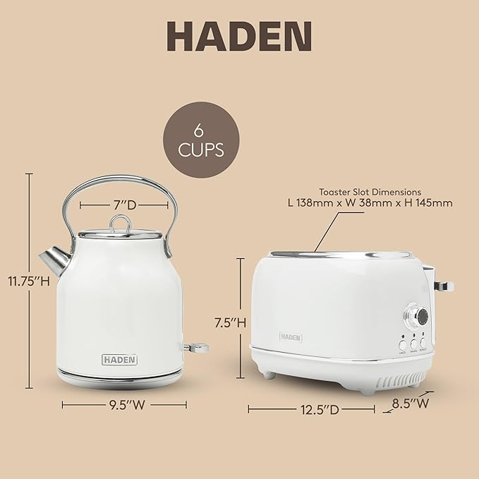 Haden Heritage 1.7 Liter Stainless Steel Body Retro Electric Tea Kettle with 2 Slice Wide Slot Stainless Steel Bread Toaster White