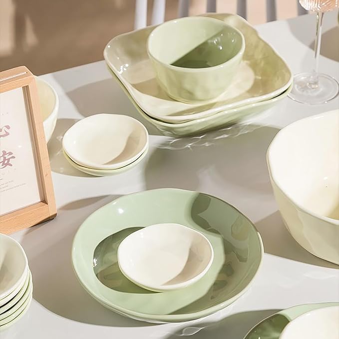 43/57 Pieces Bowls and Plates Set Cream Style Dinner Set Stackable Dishes Sets Dishwasher Safe Dinnerware Sets Easy to Heat Microwave and Oven Safe Two Colors Mix and Match Service for 8/10 Peoples(57