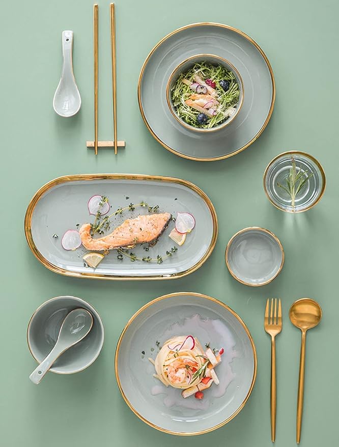Phnom Penh Ceramics Dinnerware Set Service for 6 Dinner Sets with Dinner Plate Soup Plate Dessert Plate Bowl Ideal for Family Banquets