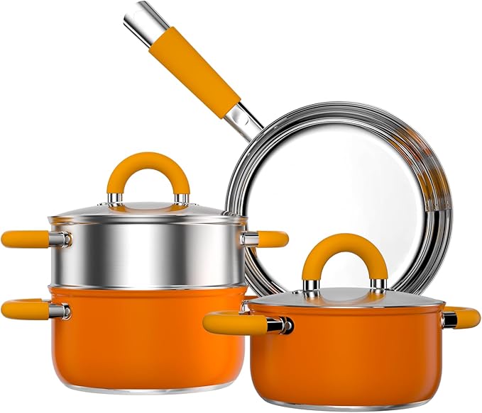 Pots and Pans Set Stainless Steel Orange Cookware Set of 6 4 3 QT Steamer Pot Frying Pan Compatible with All Stovetops Gift for Kitchen Decor