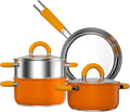 Pots and Pans Set Stainless Steel Orange Cookware Set of 6 4 3 QT Steamer Pot Frying Pan Compatible with All Stovetops Gift for Kitchen Decor