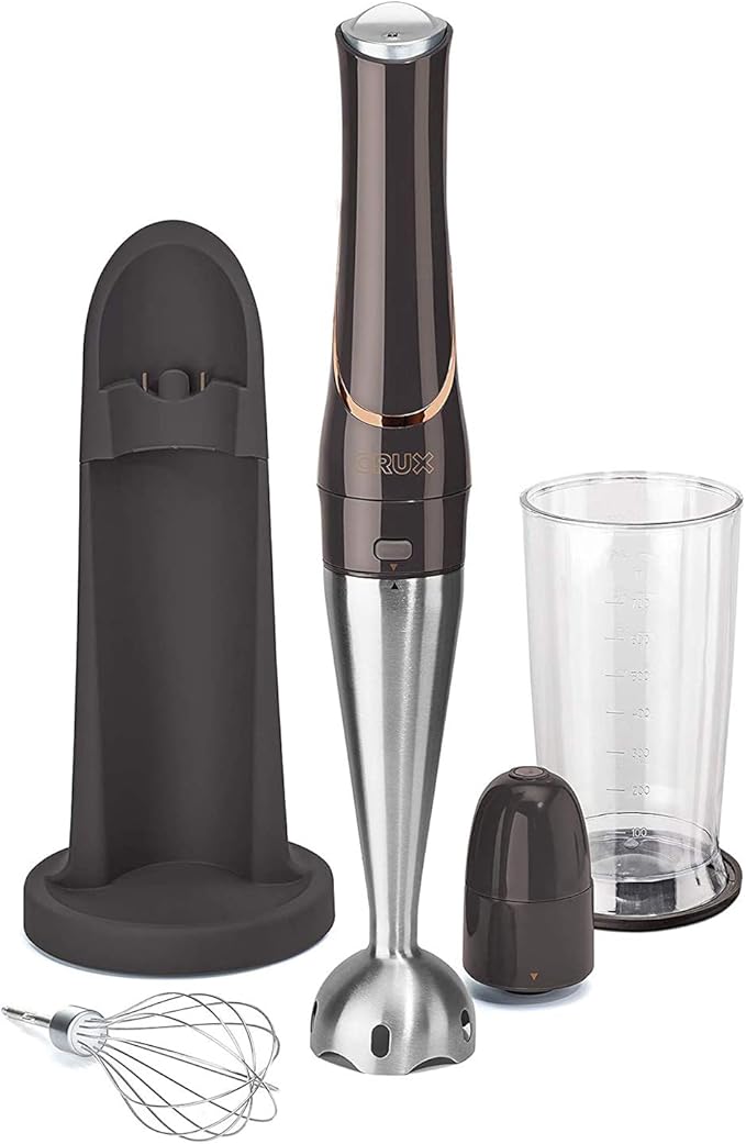 Crux Cordless Hand Immersion Blender 7.5 inch Blending Arm Mix Whip Puree Sauces/Soups Rechargeable Easy to Clean Dishwasher Safe Removeable Parts Stainless Steel/Black 14790