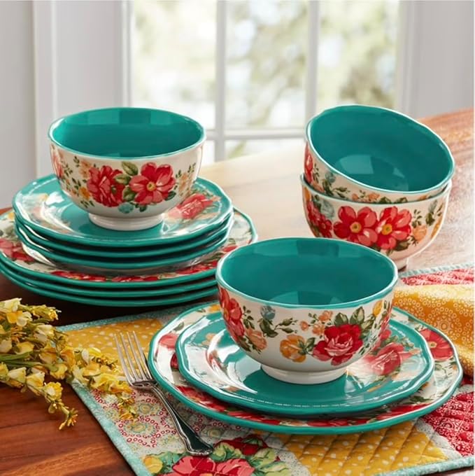 Vintage Inspired Floral 12-Piece Dinnerware Set Teal
