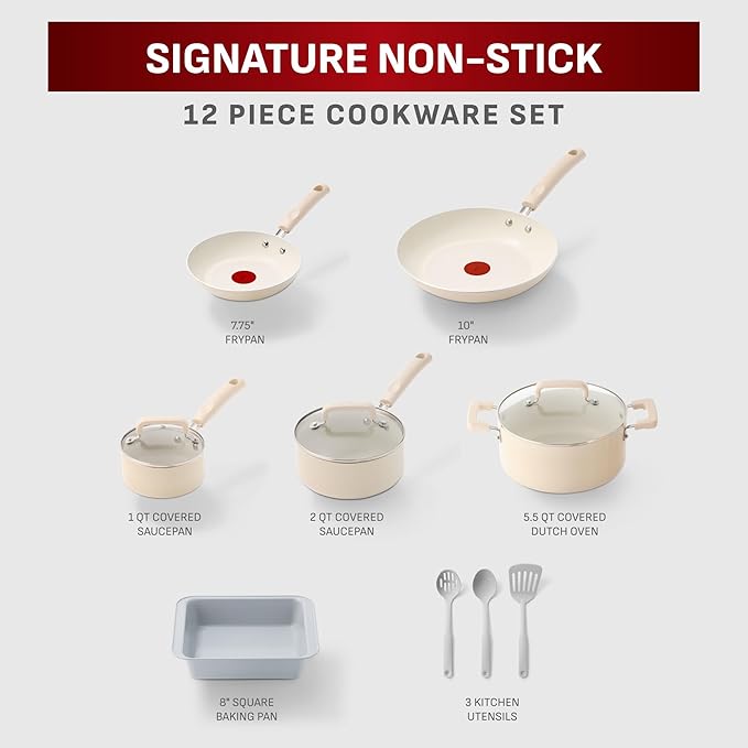 T-Fal Signature Nonstick 12 Piece Cookware Set Oven Safe Up to 350°F Dishwasher Safe Pots and Pans Set Includes Frying Pans Saucepan Stockpot Cooking Utensils Beige