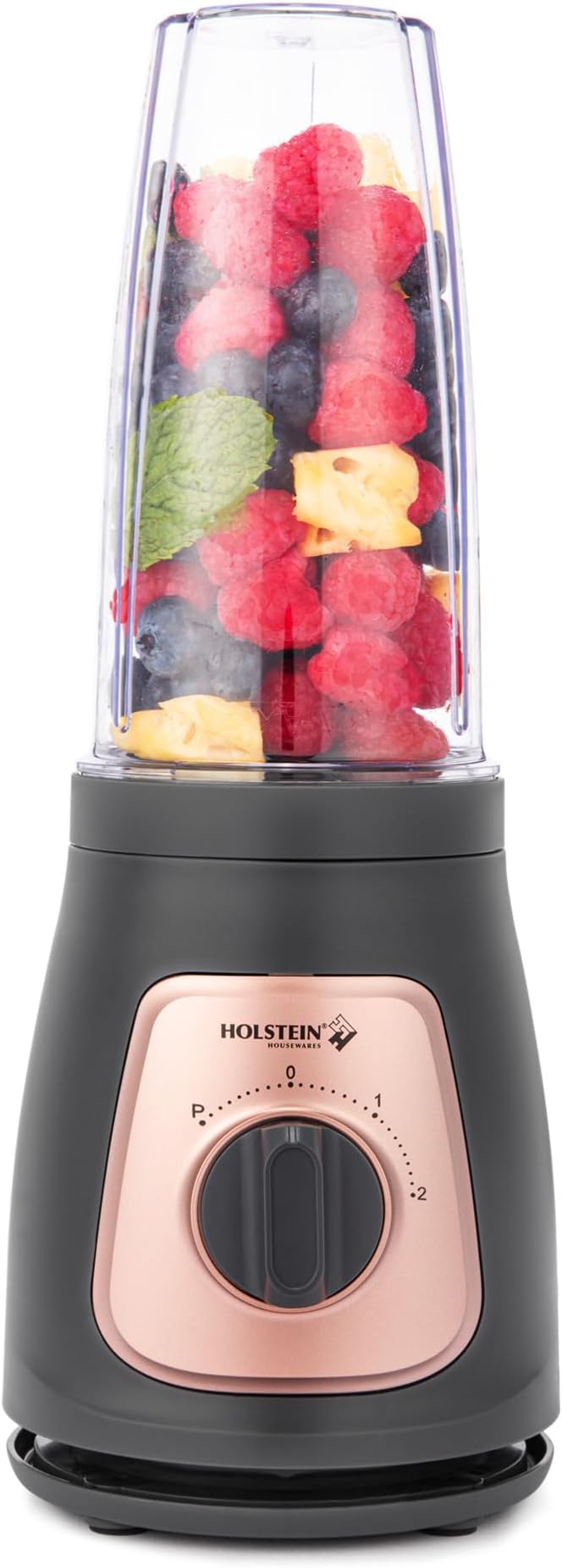 Holstein Housewares Personal Blender – 25 oz Travel Jar Two-Speed Knob with Pulse Function Stainless Steel Blades Compact &amp Portable Cool Grey/Rose Gold